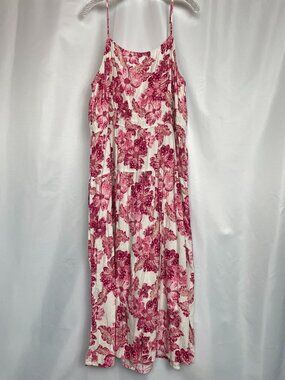 Floral Linen-Blend Smocked Pink/Cream Midi Cami Dress Cool Girl Cottagecore XXL